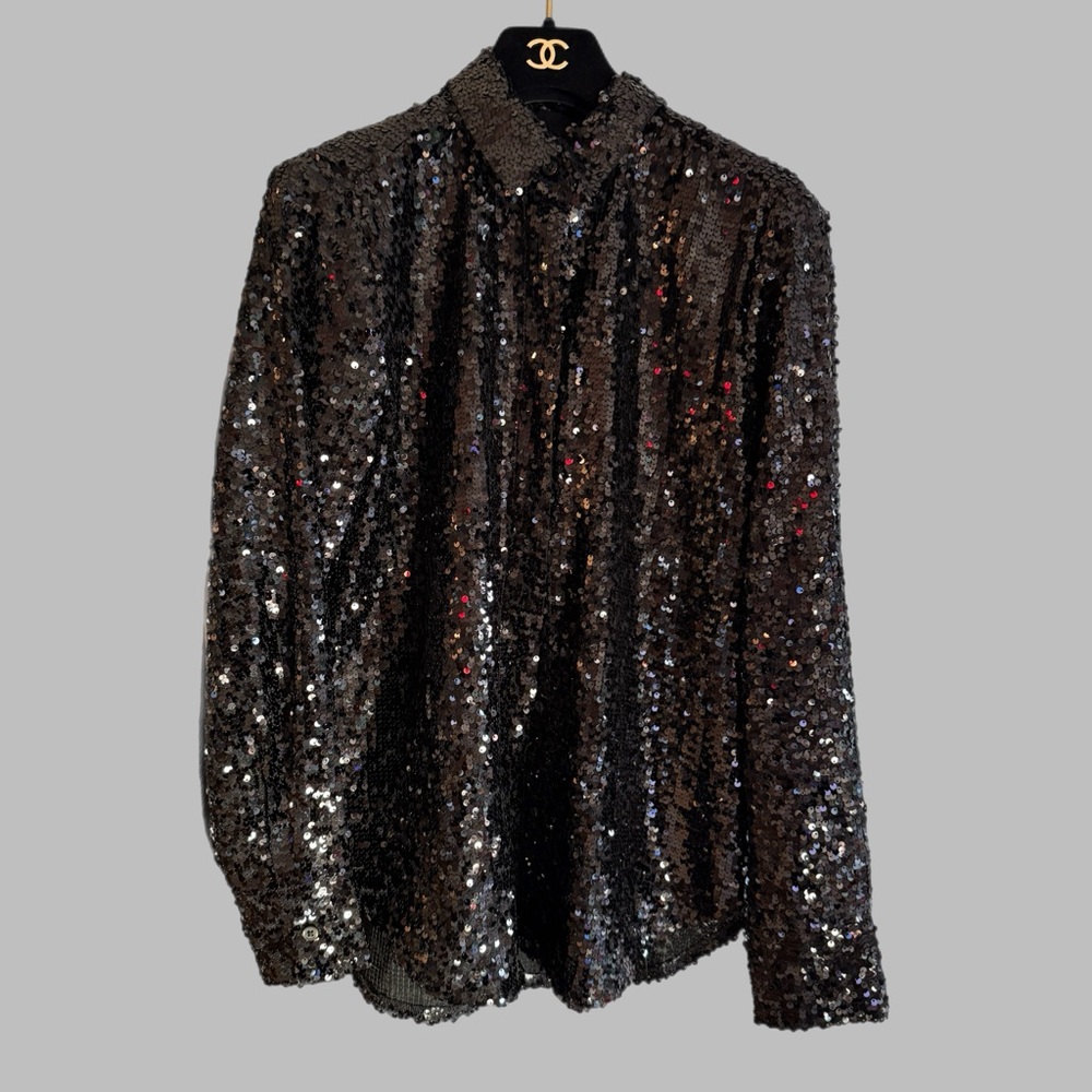 J. Crew Collections Black Sequin Button Up Shirt … - image 3